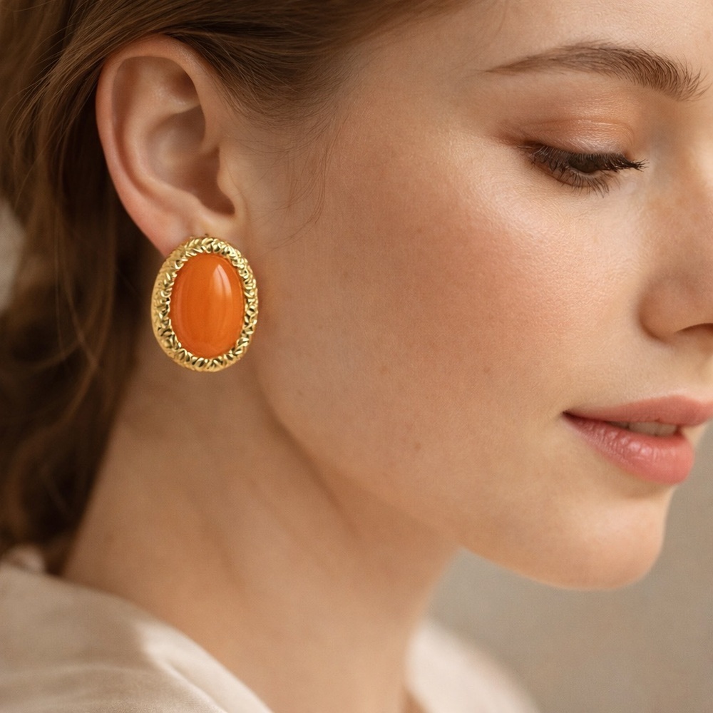 Retro Orange Gem Earrings | Chunky Gold Frame Earrings